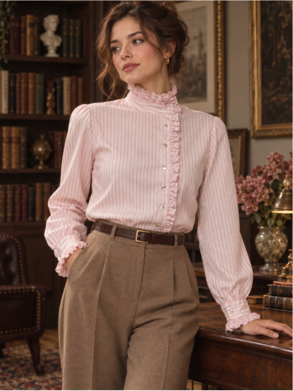 Vintage 1980s Ellen Tracy Pink Candy Stripe Ruffle Blouse Size 7